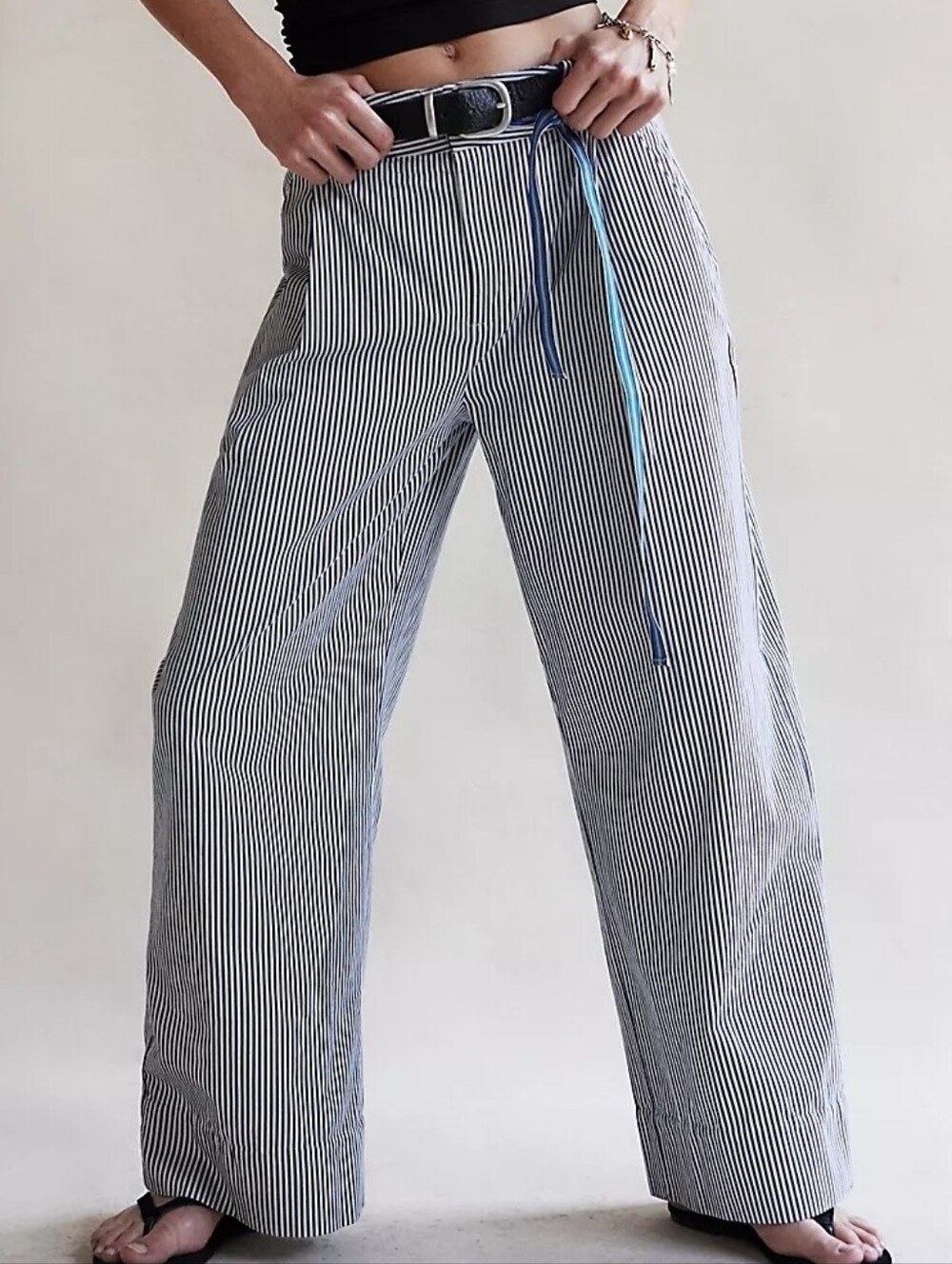 Free People Striped Wide-Leg Pants in Navy and White